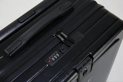 Close-up of panther black suitcase zipper with brand logo