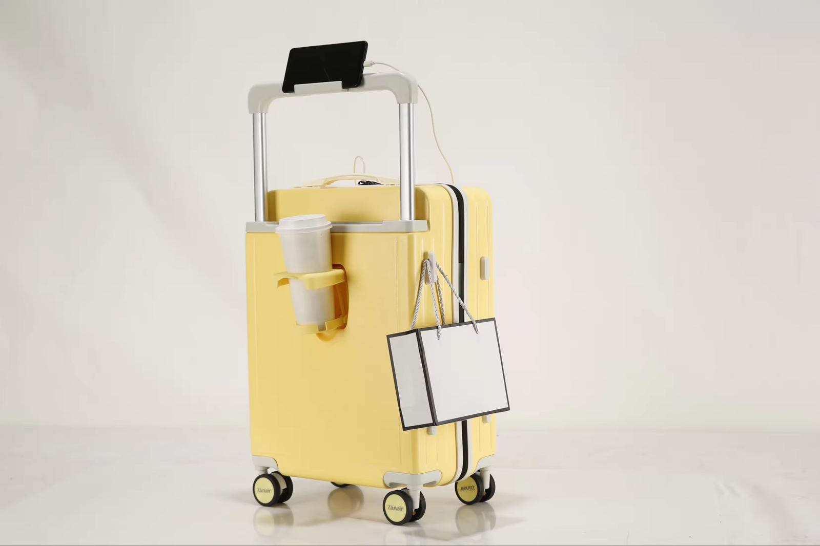 Sunrise Yellow luggage with cup holder, phone holder and side hook