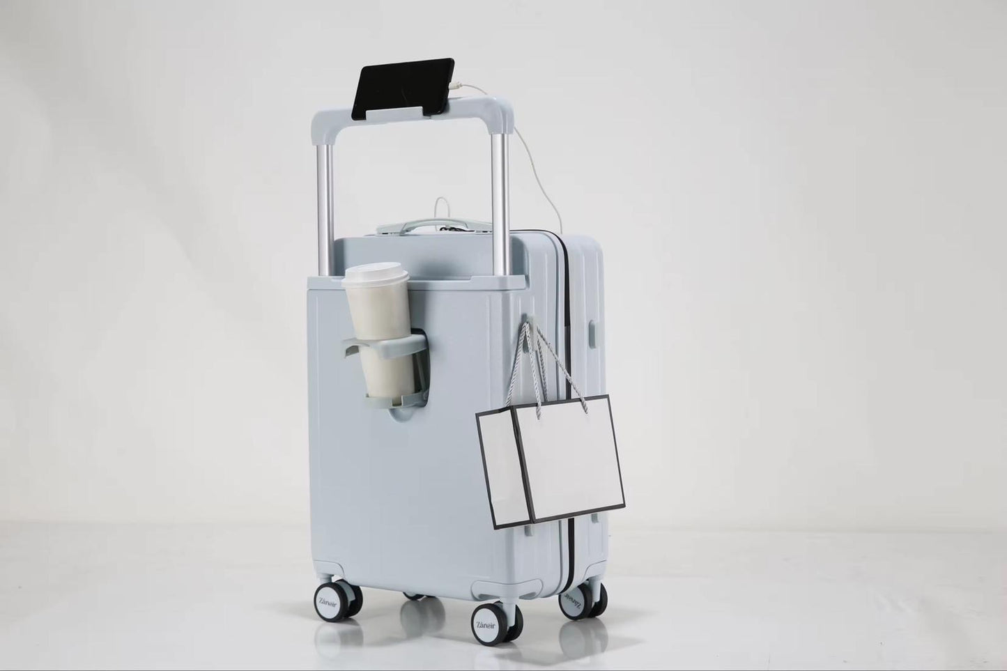 Ocean blue luggage with cup holder, phone holder and side hook