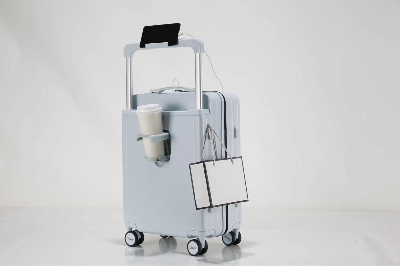 Ocean blue luggage with cup holder, phone holder and side hook