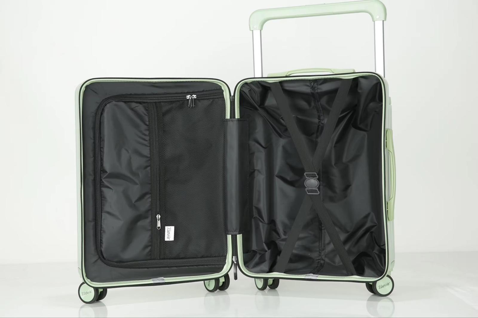 Interior view of forest green hardcase carry-on suitcase