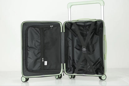 Interior view of forest green hardcase carry-on suitcase