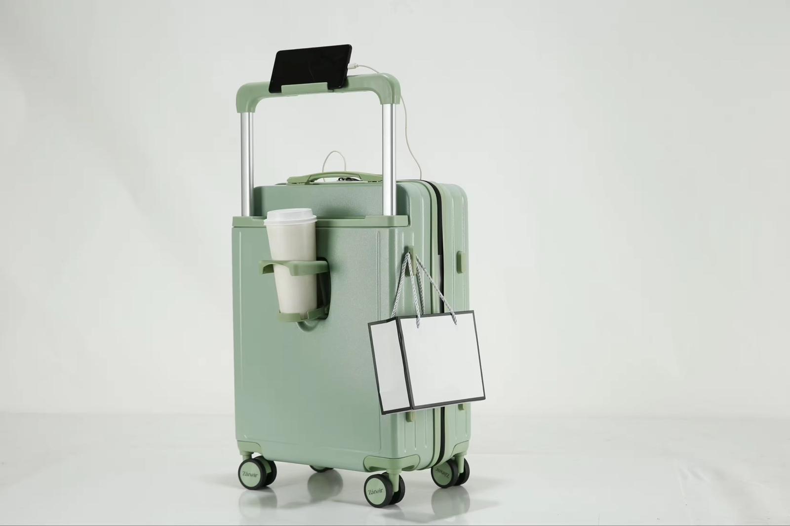 Forest green luggage with cup holder, phone holder and side hook