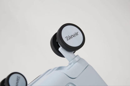 Close-up of ocean blue carry-on suitcase wheel with brand logo