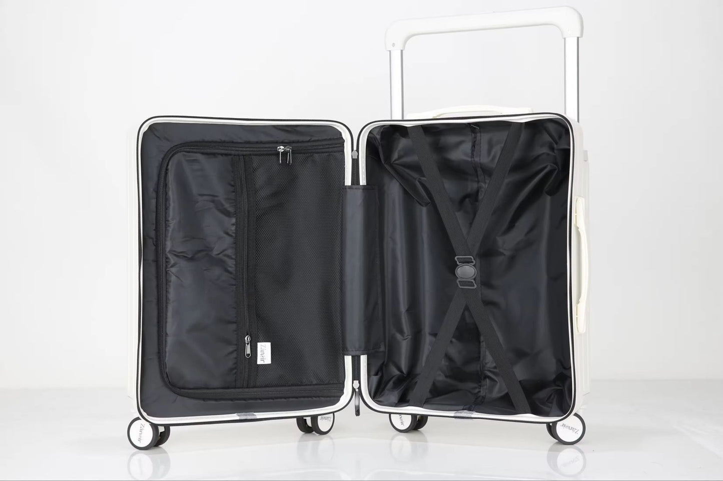 Interior view of polar white hardcase carry-on suitcase