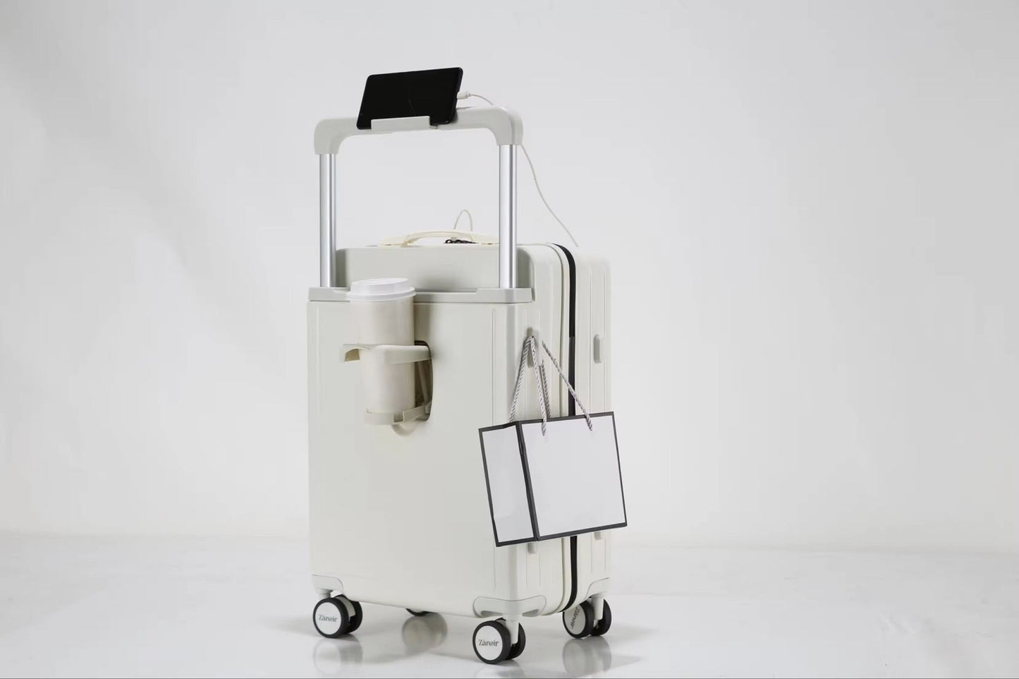 Polar White luggage with cup holder, phone holder and side hook