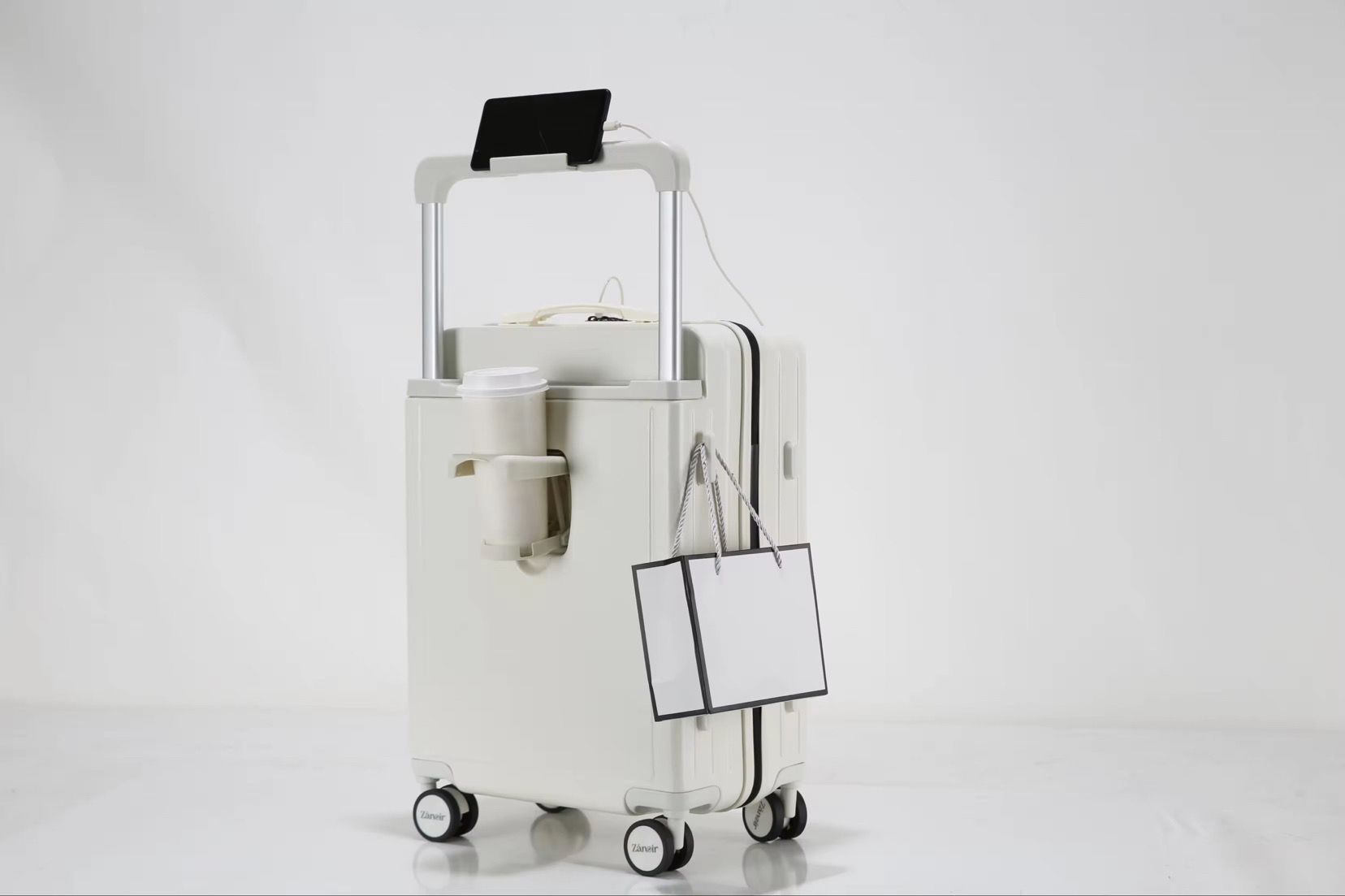Polar White luggage with cup holder, phone holder and side hook