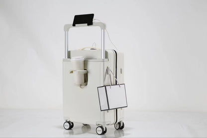 Polar White luggage with cup holder, phone holder and side hook