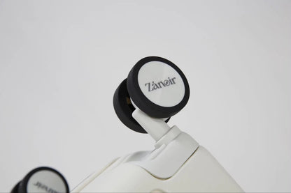 Close-up of polar white carry-on suitcase wheel with brand logo